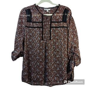 Pale Sky Brown Floral Roll Tab Sleeves Boho  Blouse Size L